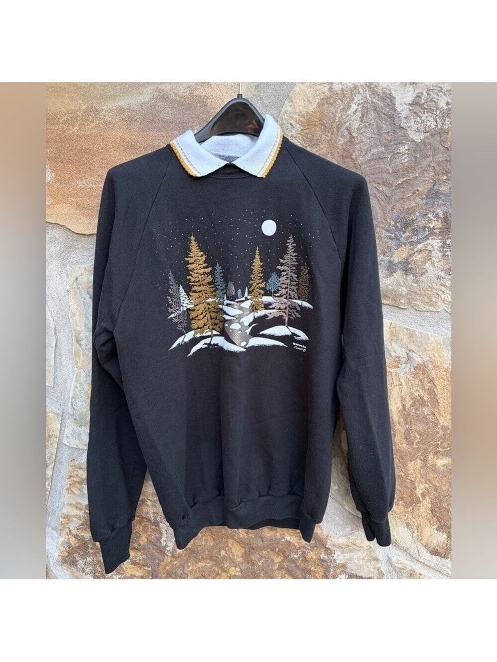 Vintage Morning Sun Winter Christmas Scene Collared Sweatshirt Holidays XL